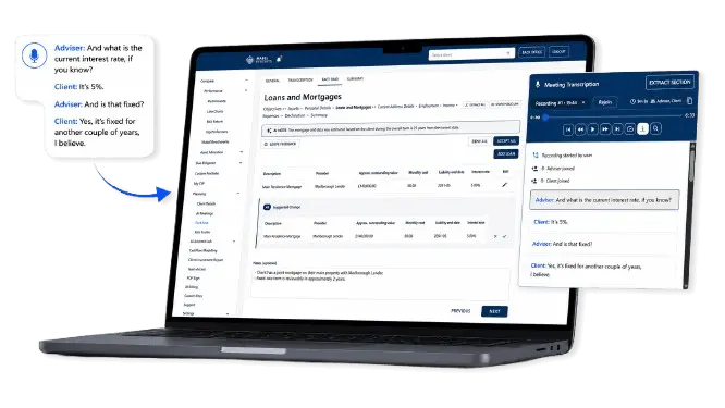 FactScribe capturing a Microsoft Teams conversation and extracting structured data on a laptop